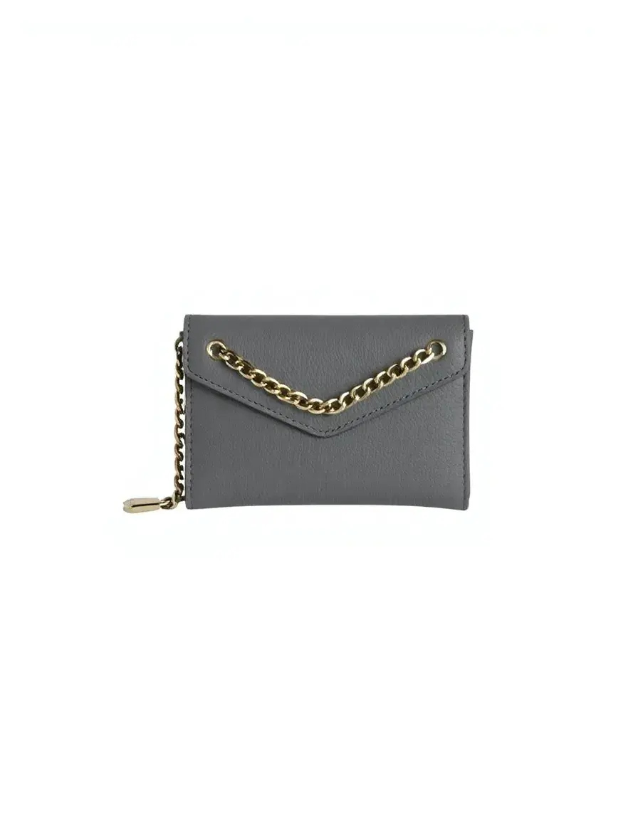 Portefeuille chaîne cuir gris femme style pochette