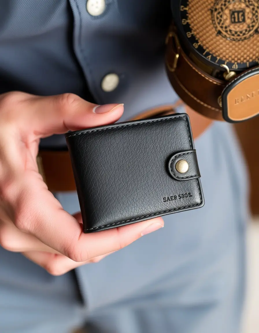 Détail d'un portefeuille homme en cuir noir bifold montrant la texture