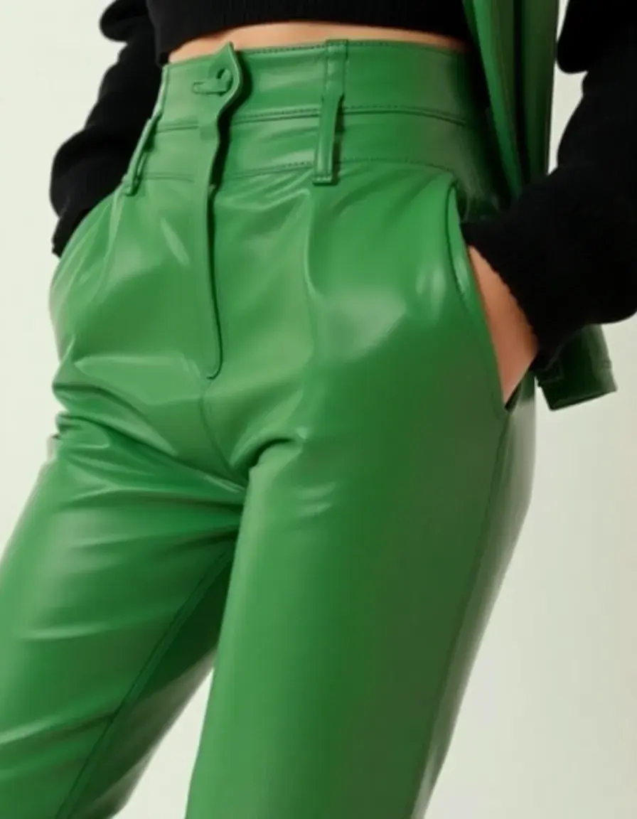 Pantalon tendance en pu cuir vert forêt coupe moderne