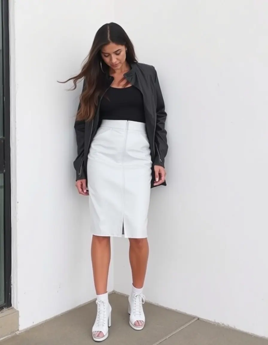 Jupe élégante en pu cuir blanc, style minimaliste
