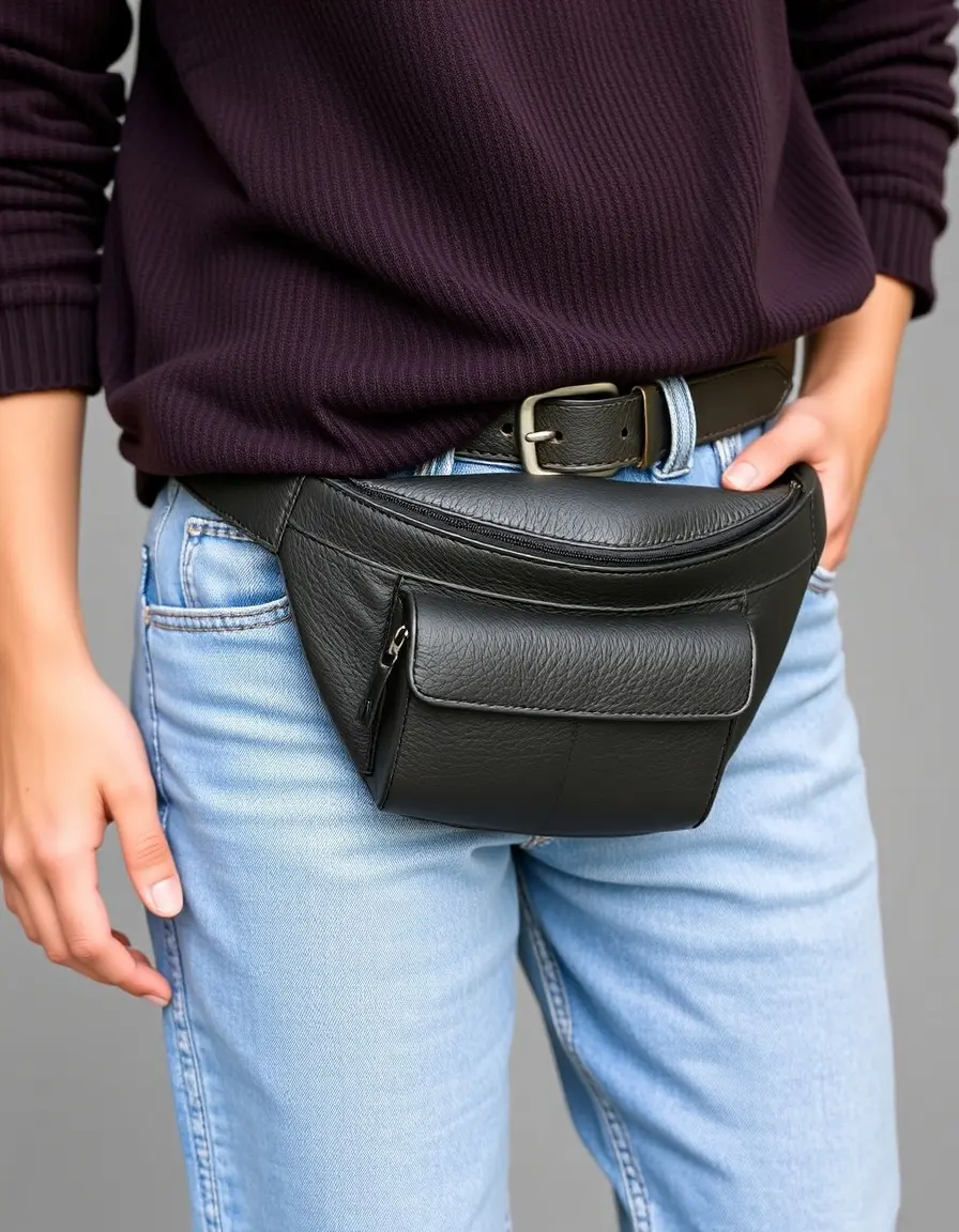 Sac banane cuir femme noir élégant porté à la ceinture