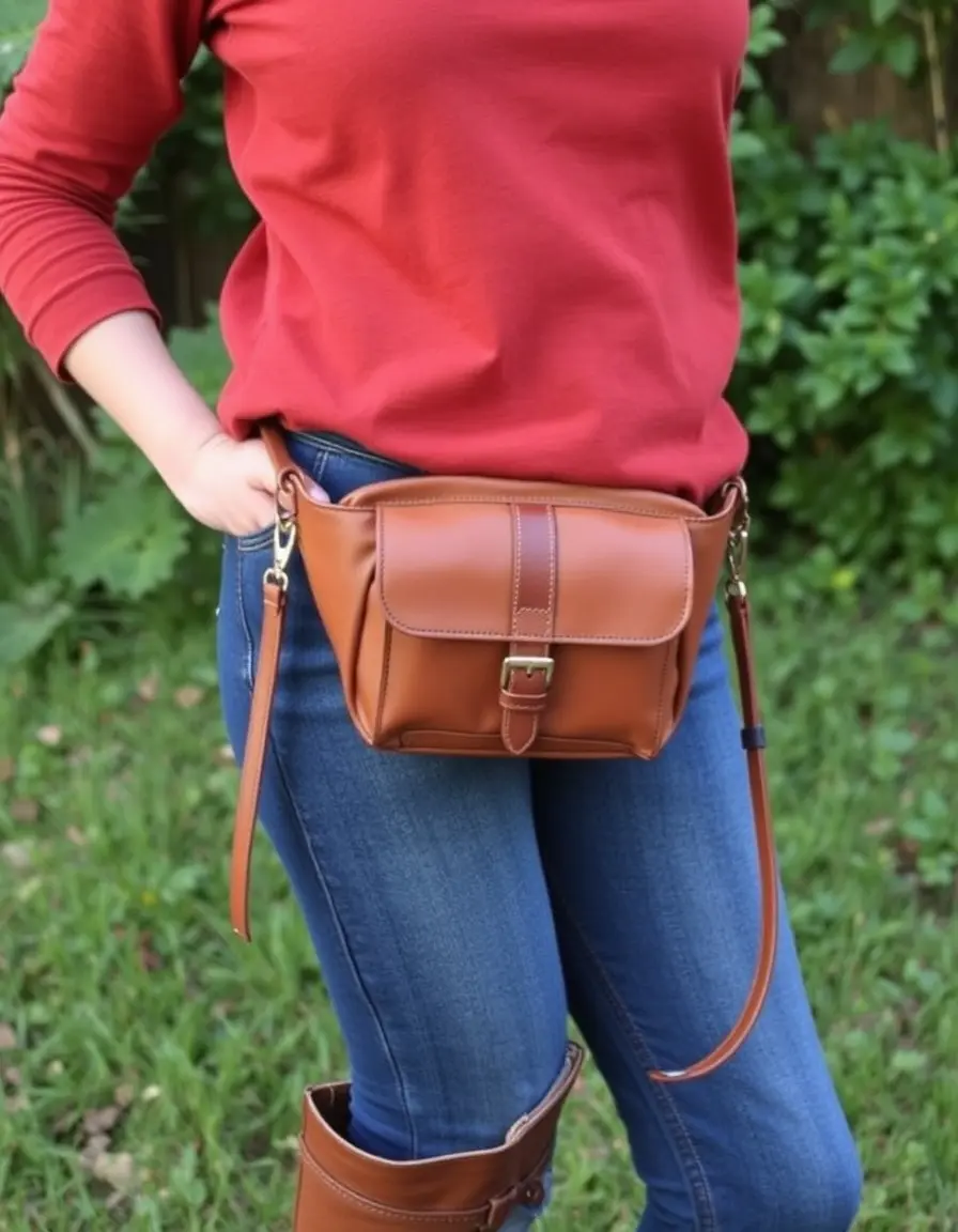 Sac banane cuir femme couleur tan porté en bandoulière