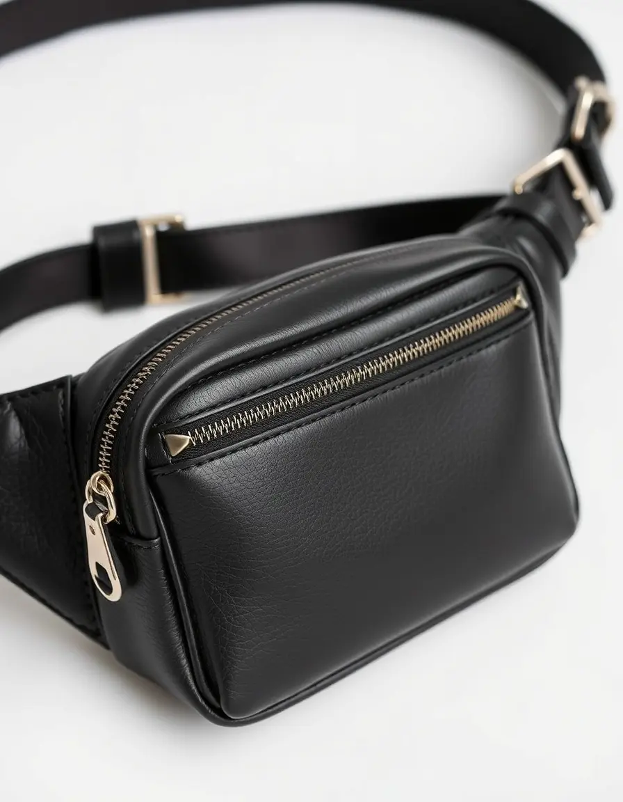 Détail d'un sac banane en cuir noir classique montrant la texture du grain