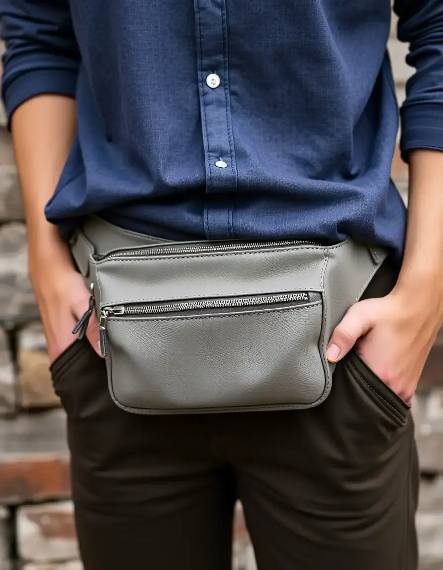 Sac banane multi-poches en cuir gris