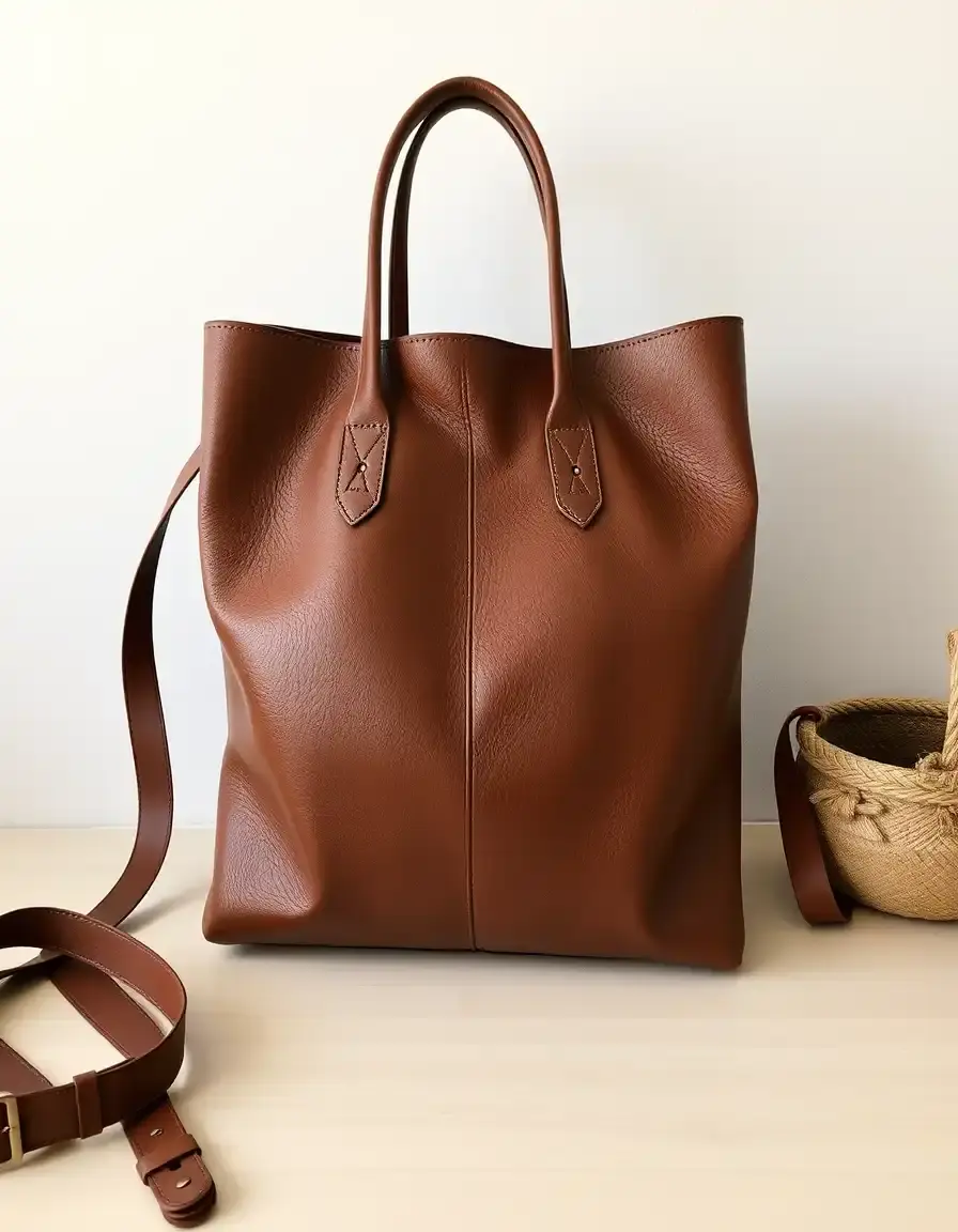 Sac cabas en cuir marron style shopper