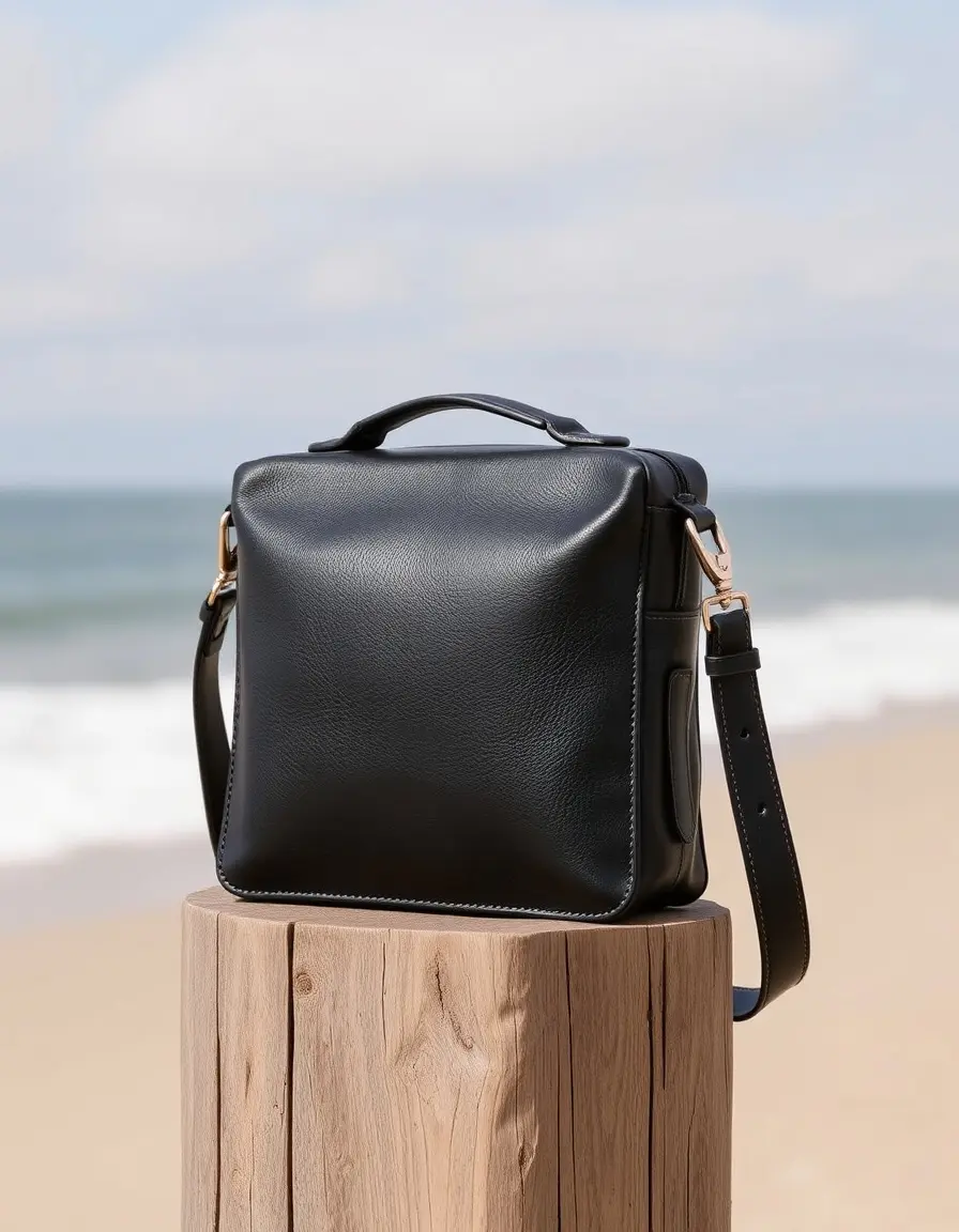 Gros plan sur la texture d'un sac homme bandoulière cuir noir haute qualité