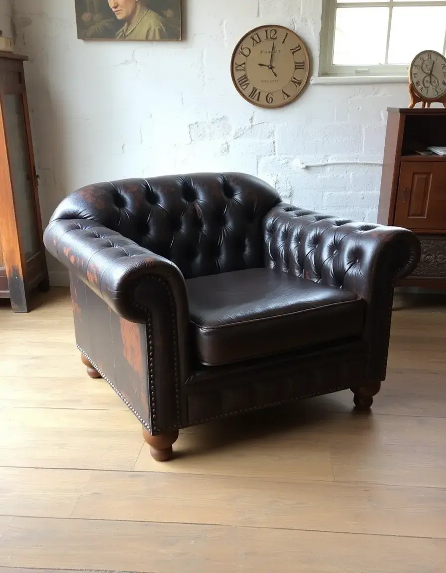 Fauteuil cuir vintage vieilli patine naturelle
