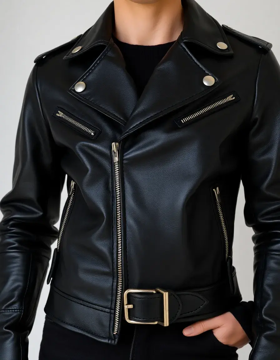 Veste en cuir de style motard noir avec détails métalliques