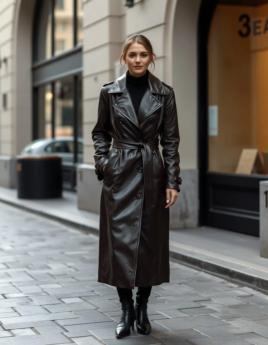 Long trench coat en cuir marron foncé style vintage