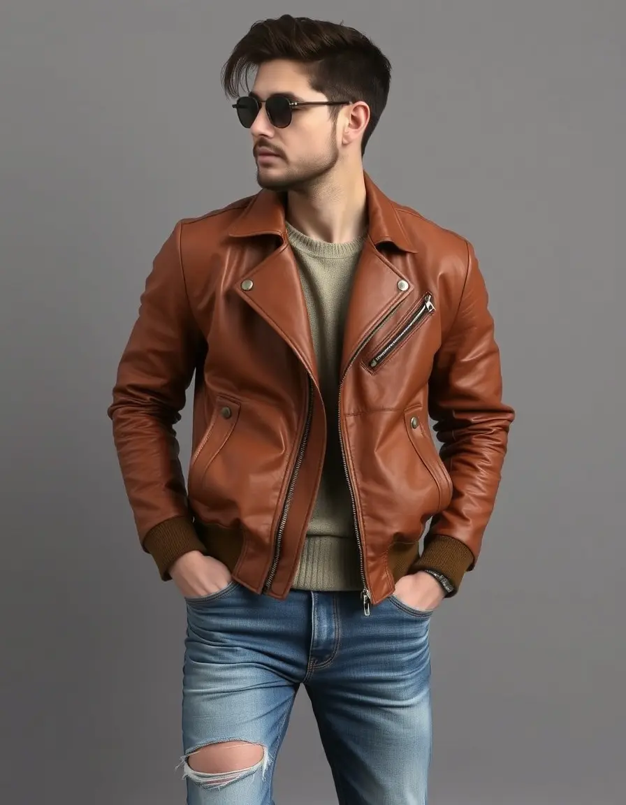 Blouson en cuir couleur tan coupe décontractée