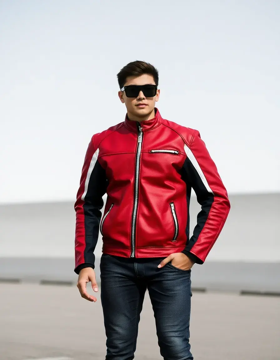 Veste de course en cuir rouge style sportif