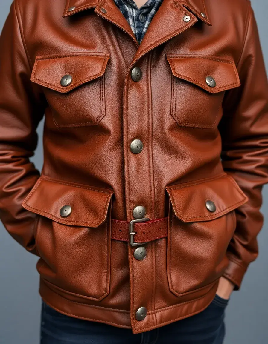 Veste de campagne en cuir avec multiples poches