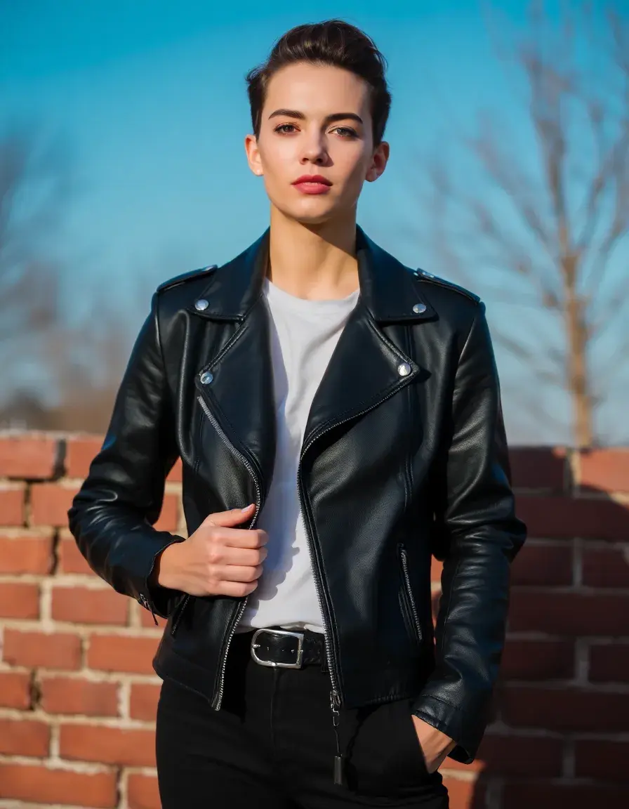 Veste simili cuir femme style biker noir avec détails métalliques