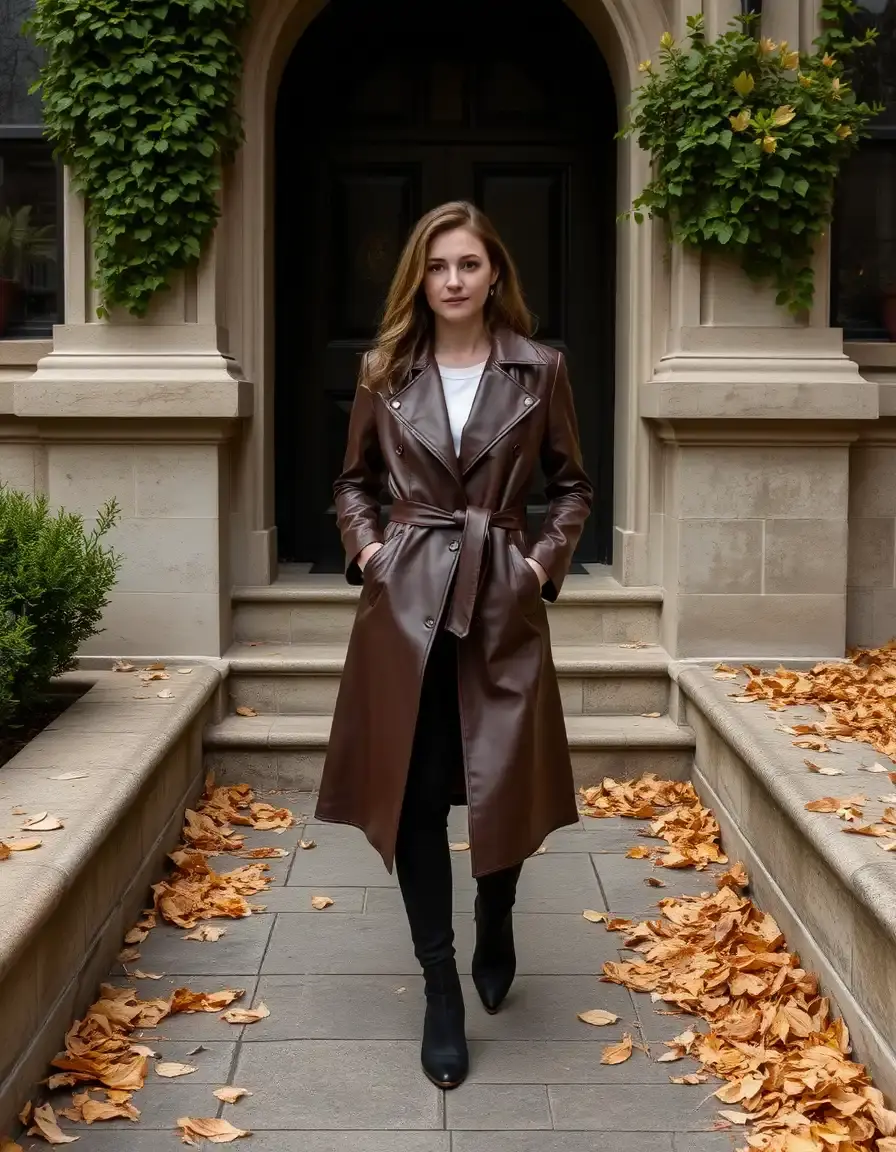 Trench long marron en simili cuir pour femme