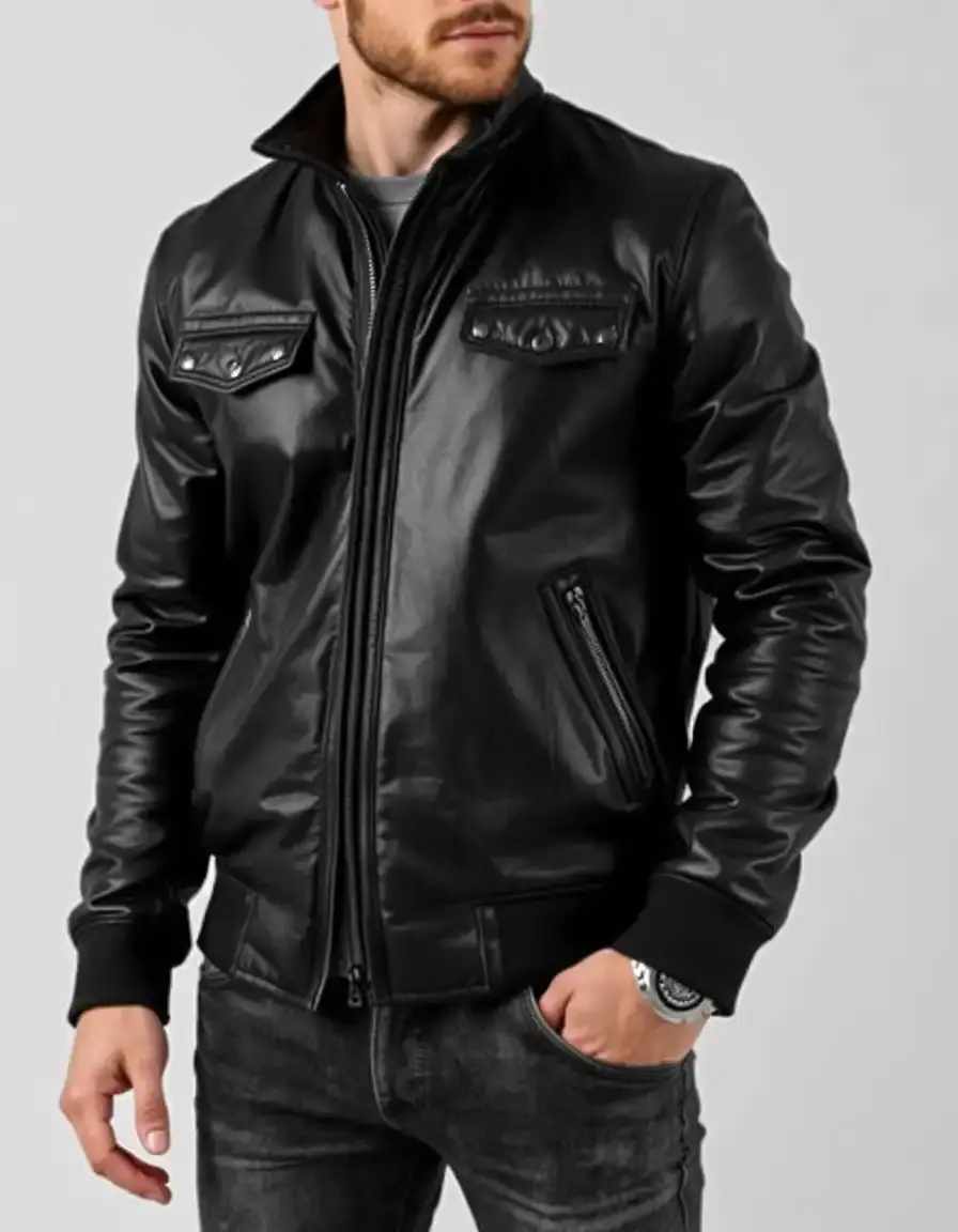 Blouson en cuir homme noir classique coupe ajustée