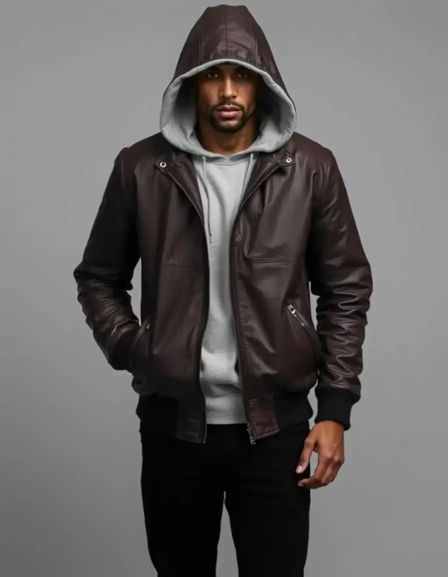 Veste en cuir homme avec capuche amovible
