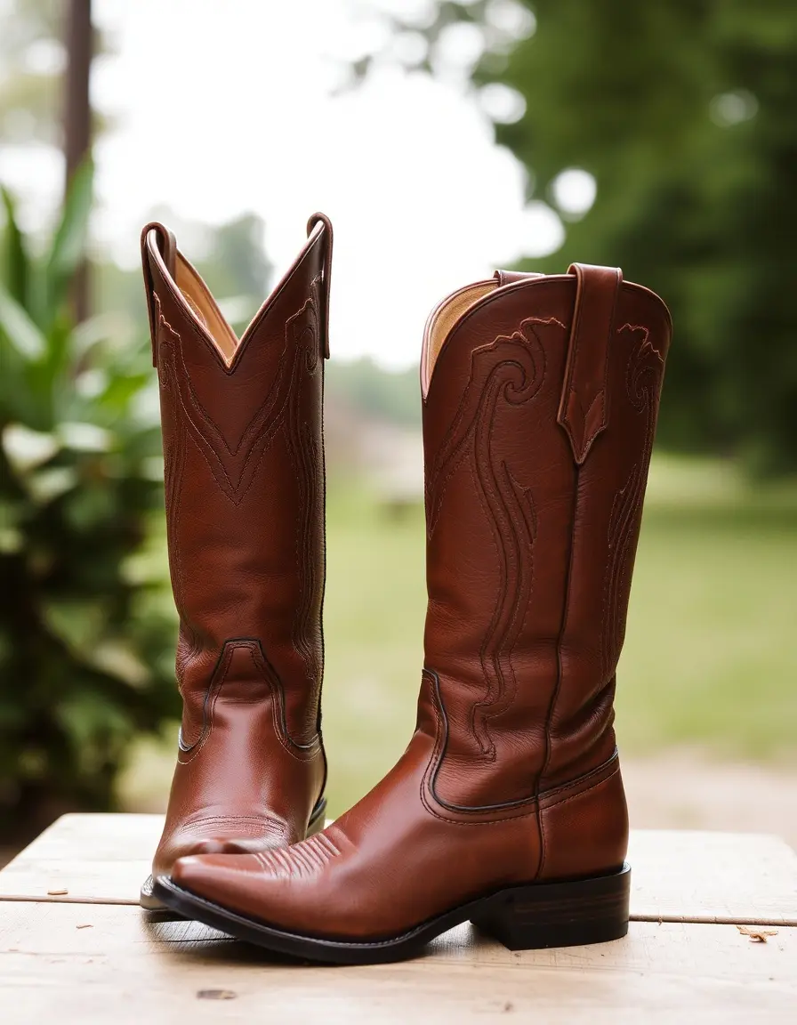 Bottes style western cuir marron broderies artisanales
