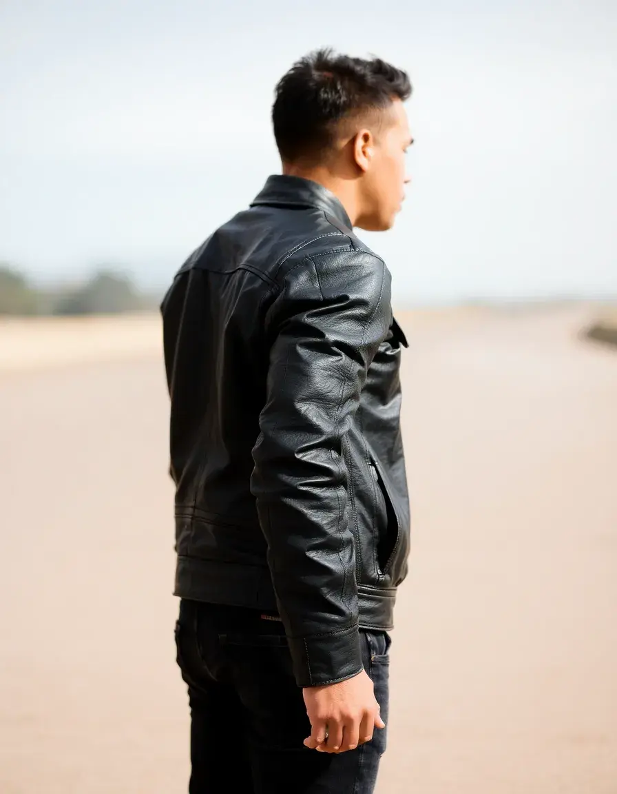 Veste de moto en cuir noir vue de côté, coupe ajustée et détails métalliques