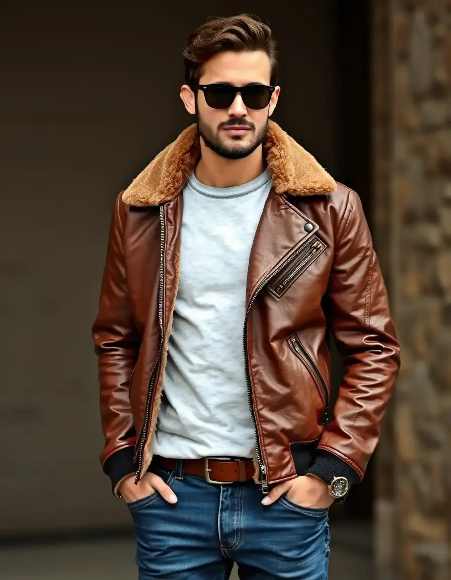 Blouson aviateur en cuir marron avec col en peau de mouton retournée