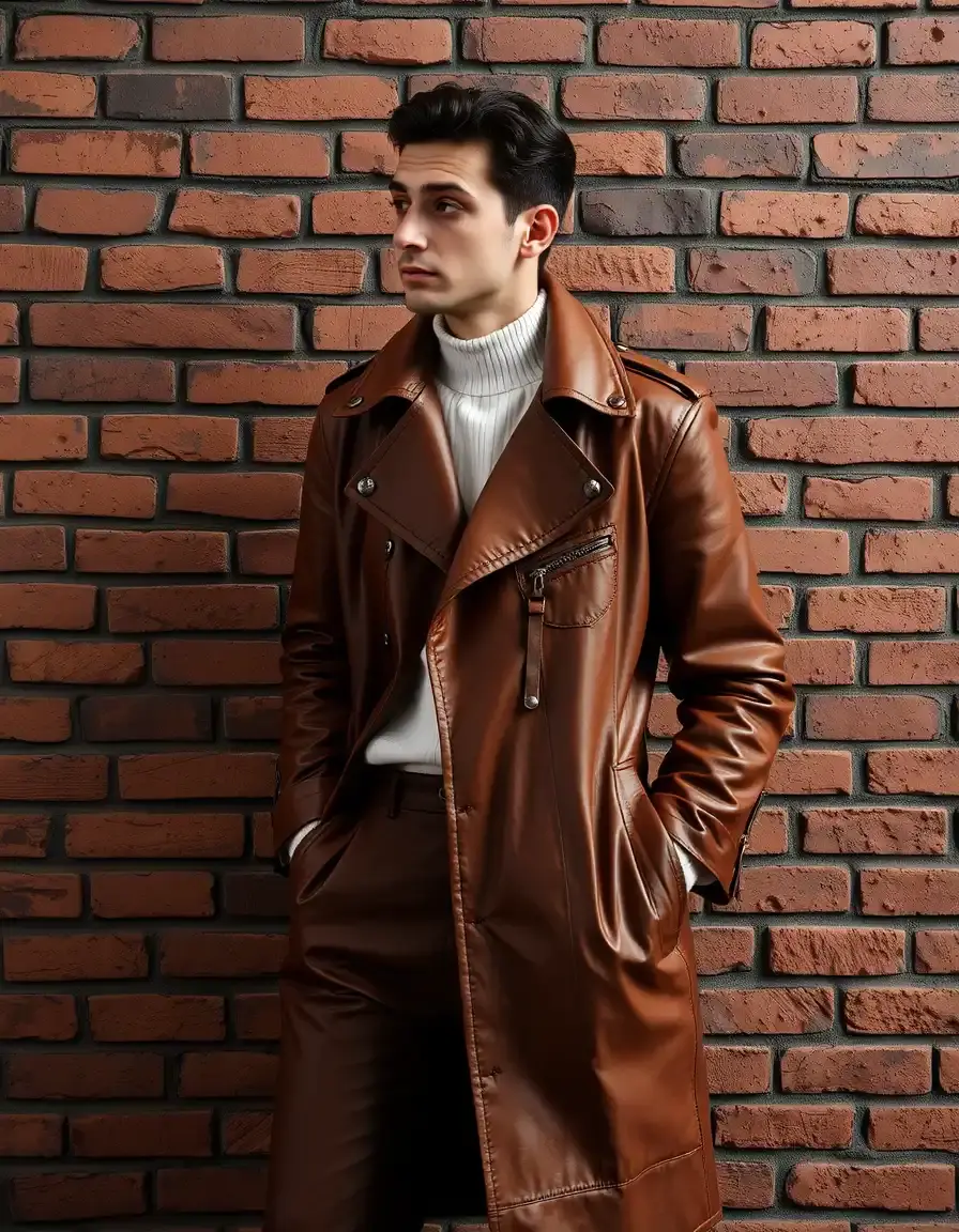 Trench long en cuir marron élégant pour homme ou femme