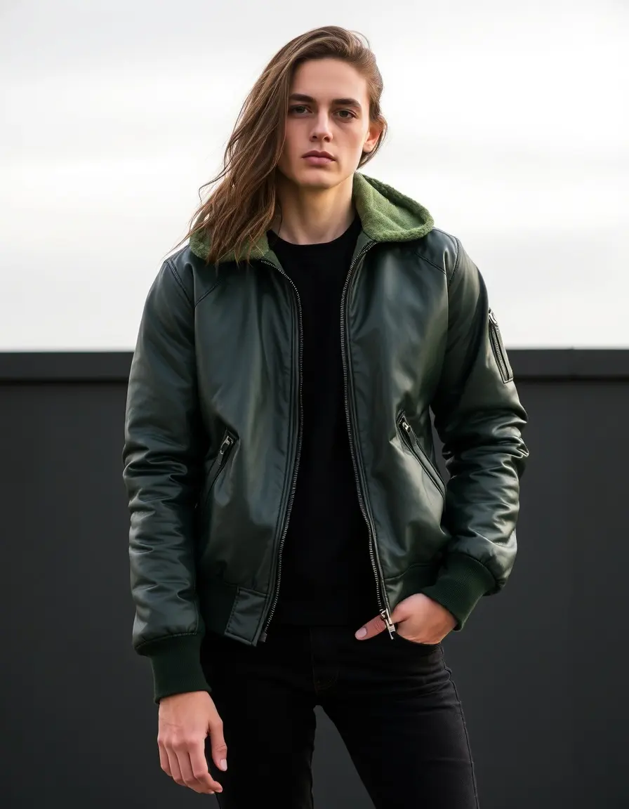 Blouson bomber en cuir vert avec finitions élastiques aux poignets