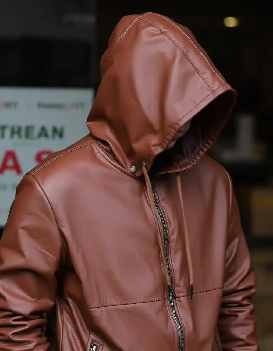 Veste en cuir avec capuche grise intégrée et cordons de serrage