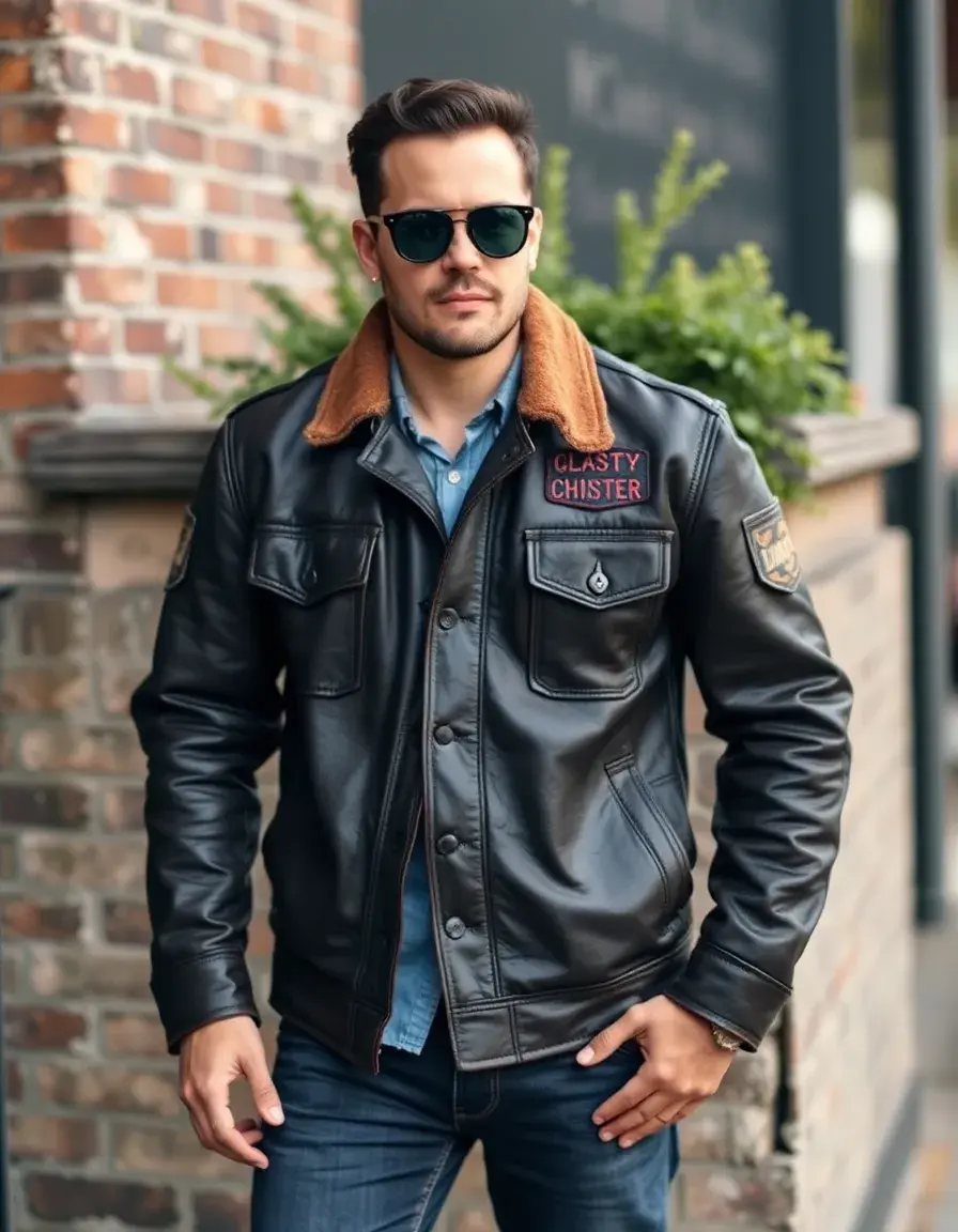 Veste en cuir de style vintage avec écussons et aspect vieilli
