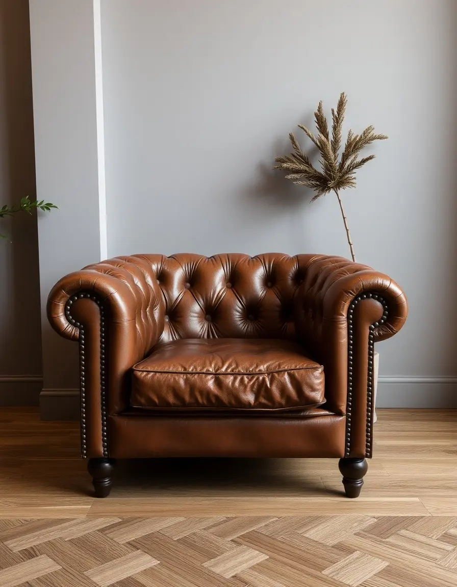 Fauteuil club en cuir marron vintage aux formes arrondies