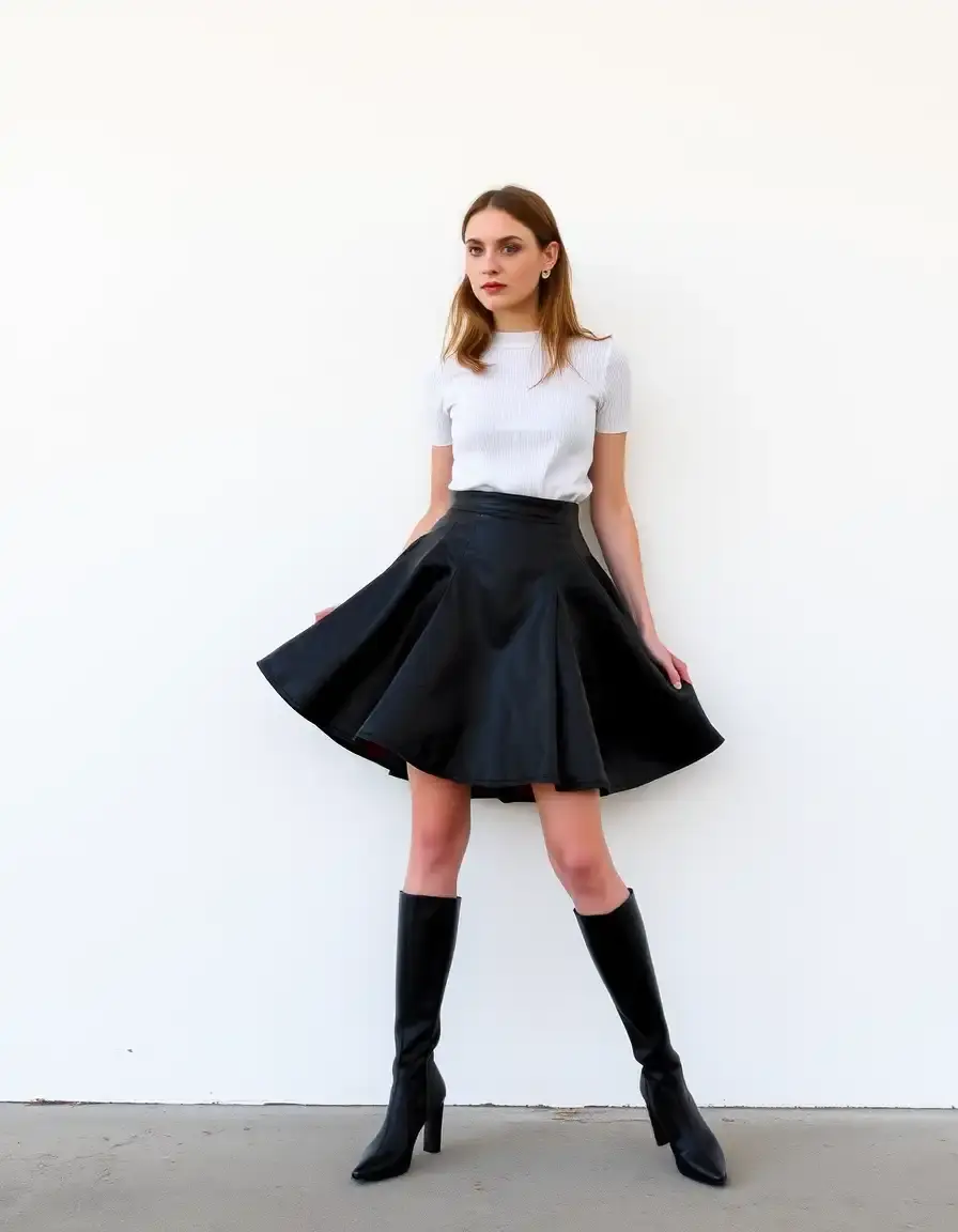 Jupe évasée en cuir noir coupe patineuse