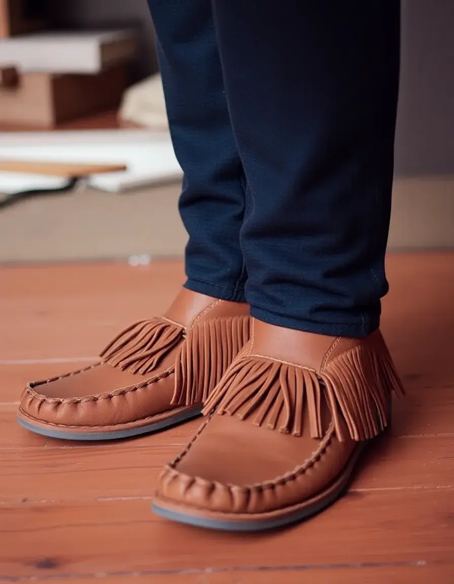 Mocassin cuir femme marron avec franges style vintage