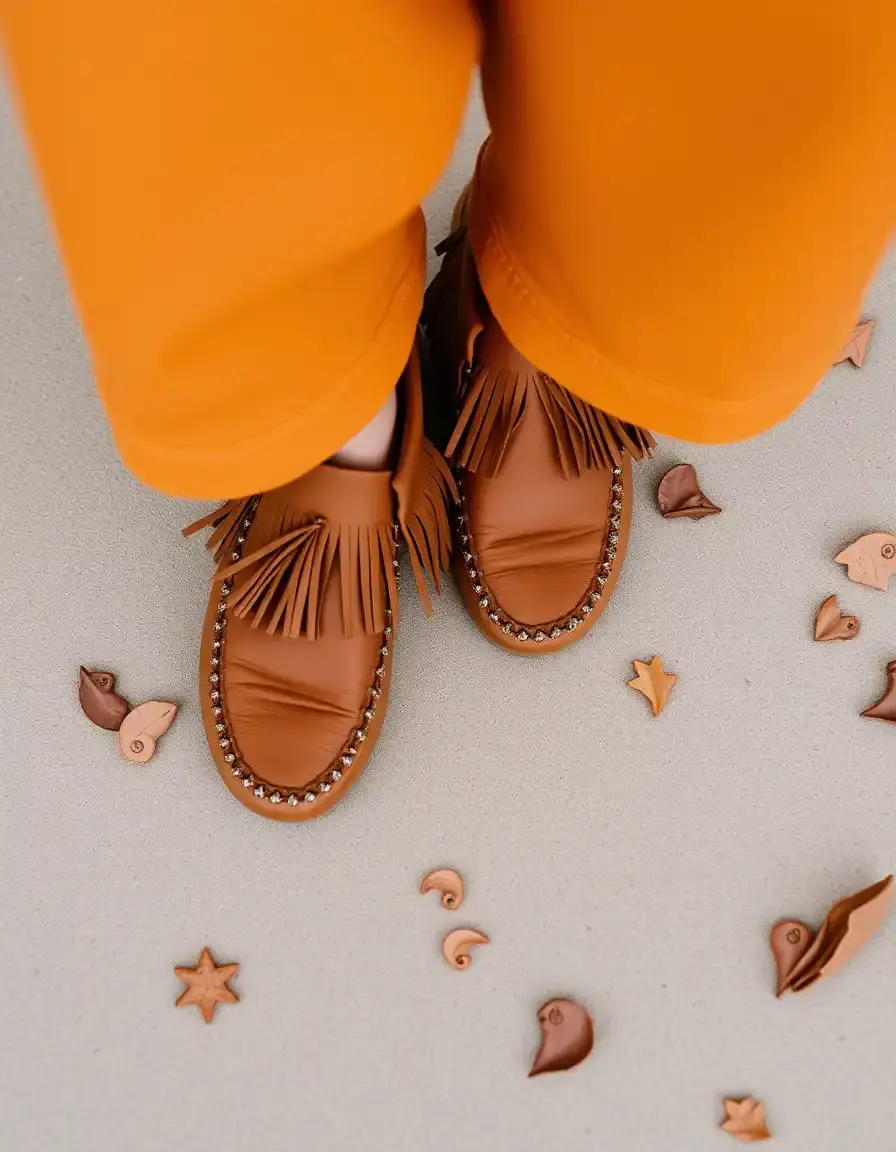 Mocassin femme cuir marron à franges style vintage
