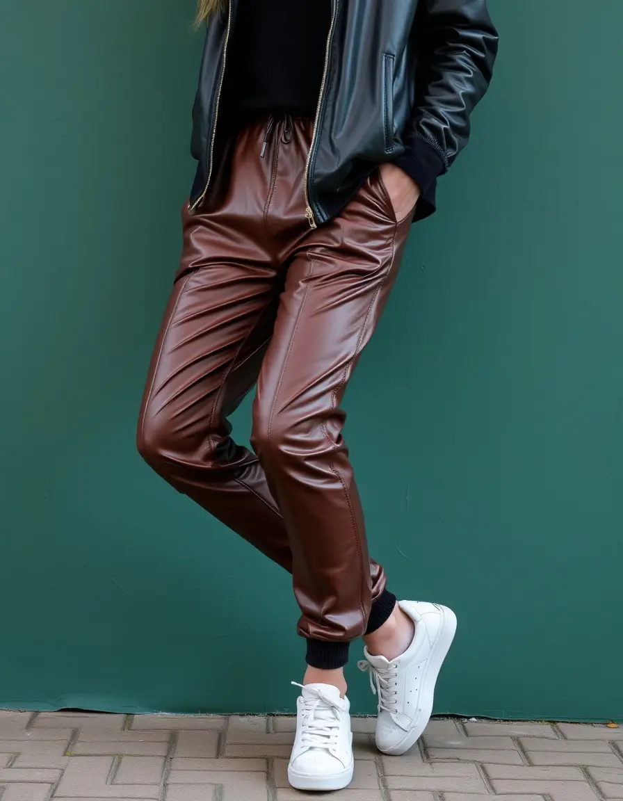 Jogger en simili cuir marron décontracté