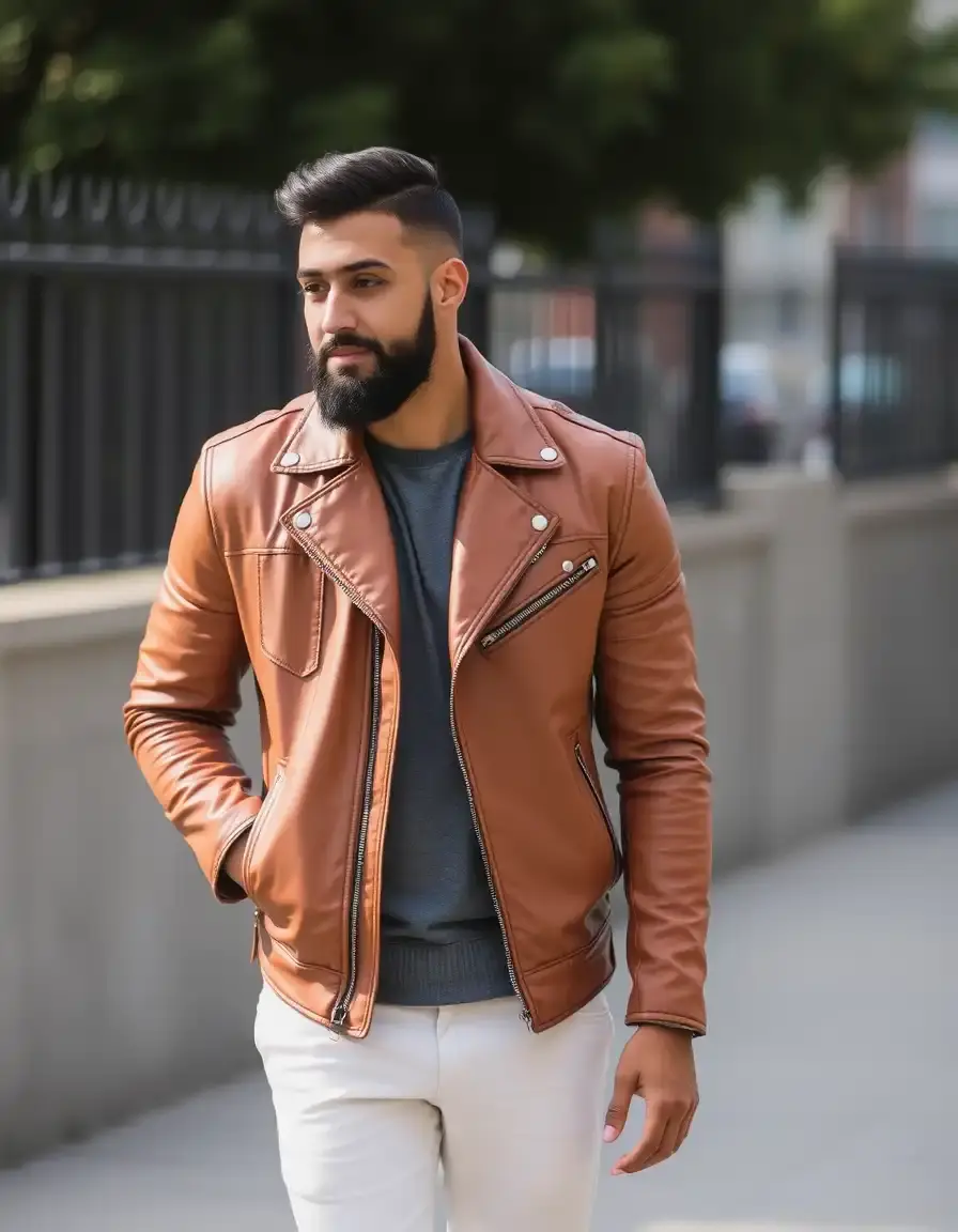 Blouson perfecto cuir marron coupe ajustée homme