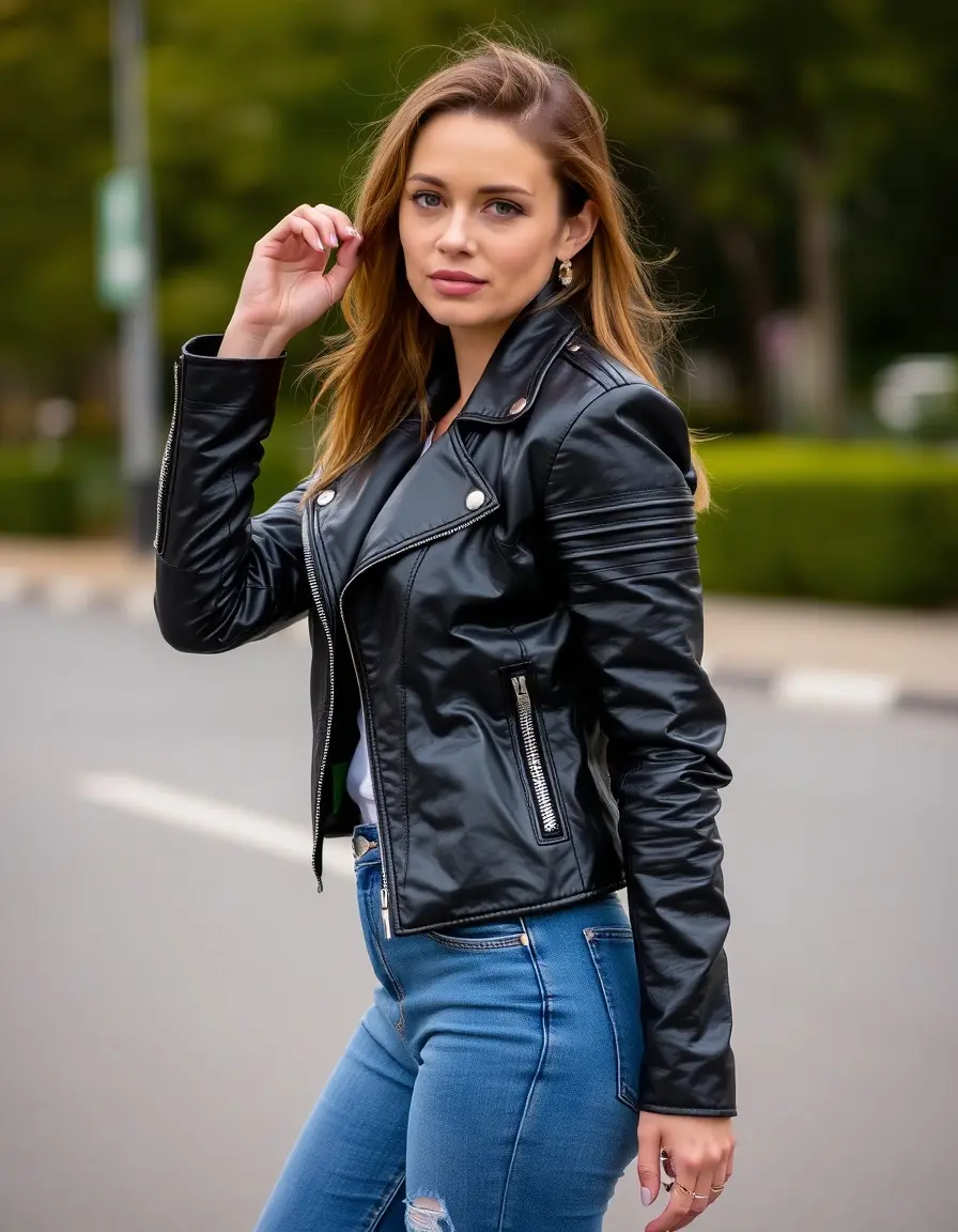 Veste en cuir noir style biker pour femme portée par un mannequin