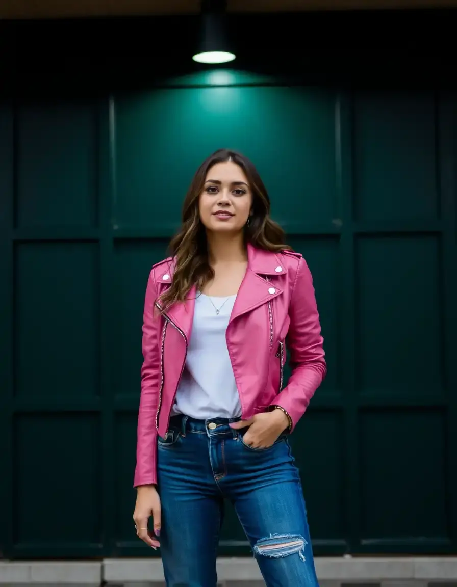 Veste en cuir courte rose pour femme style cropped