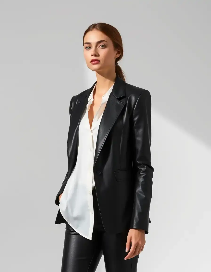 Blazer en cuir noir ajusté pour femme