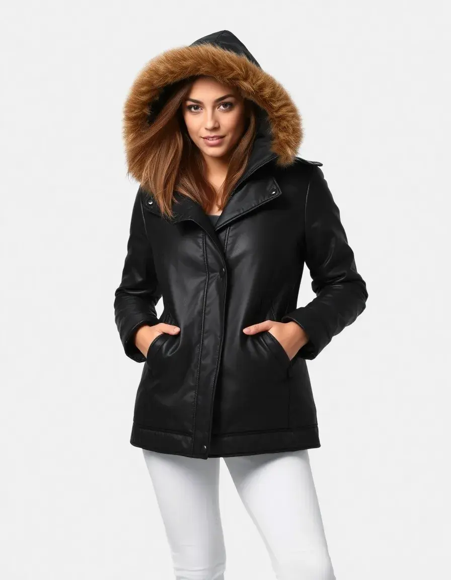 Parka en cuir avec capuche pour femme
