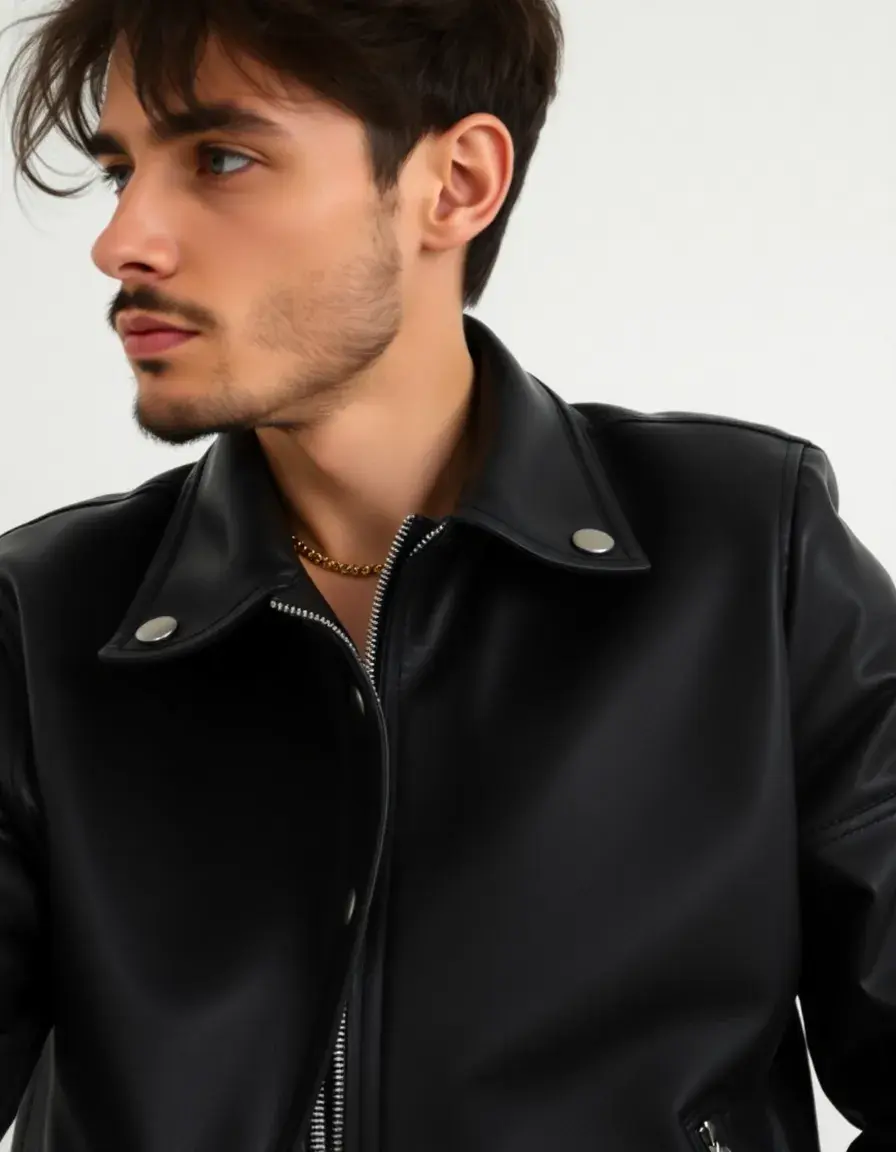 Blouson en cuir noir classique coupe droite