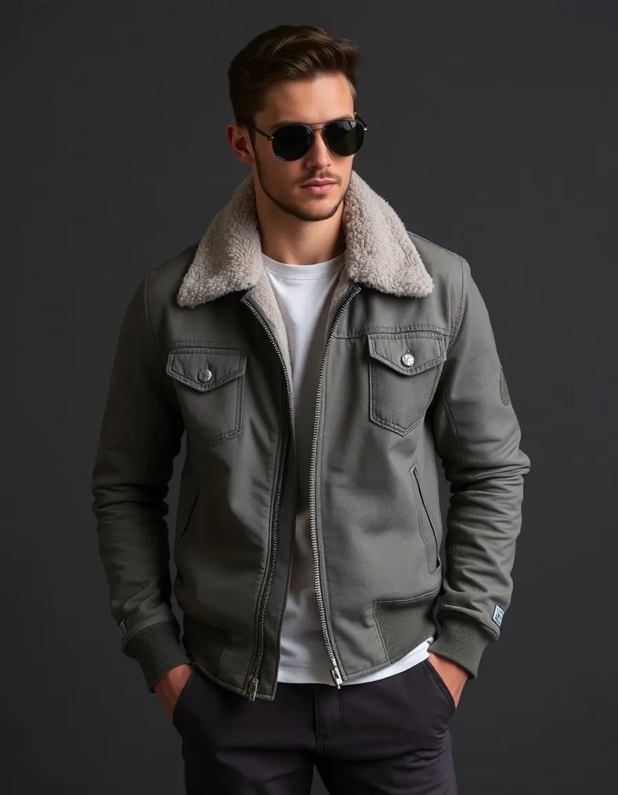 Blouson aviateur en cuir avec col en peau de mouton grise