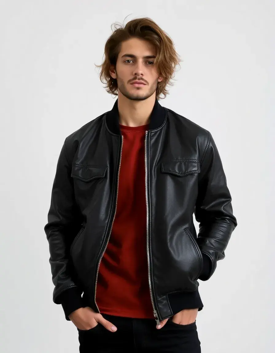 Blouson en cuir style bomber avec bords-côtes