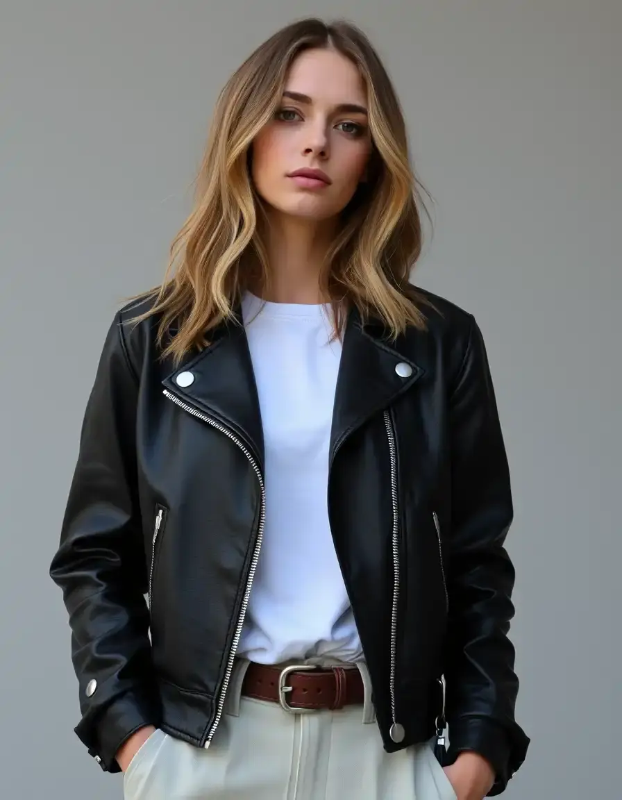 Blouson en cuir noir pour femme coupe classique