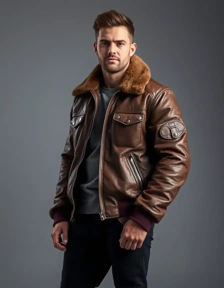 Blouson aviateur cuir marron col mouton