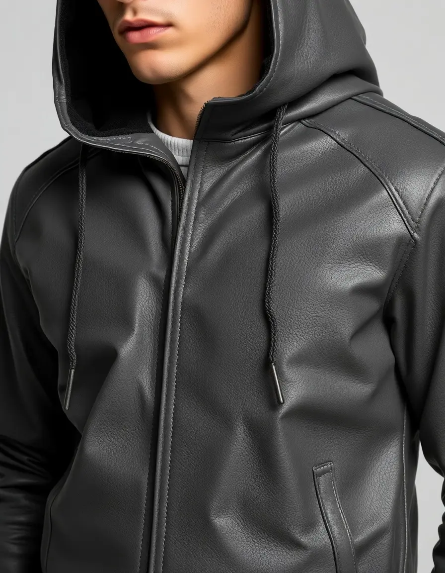 Blouson cuir gris avec capuche