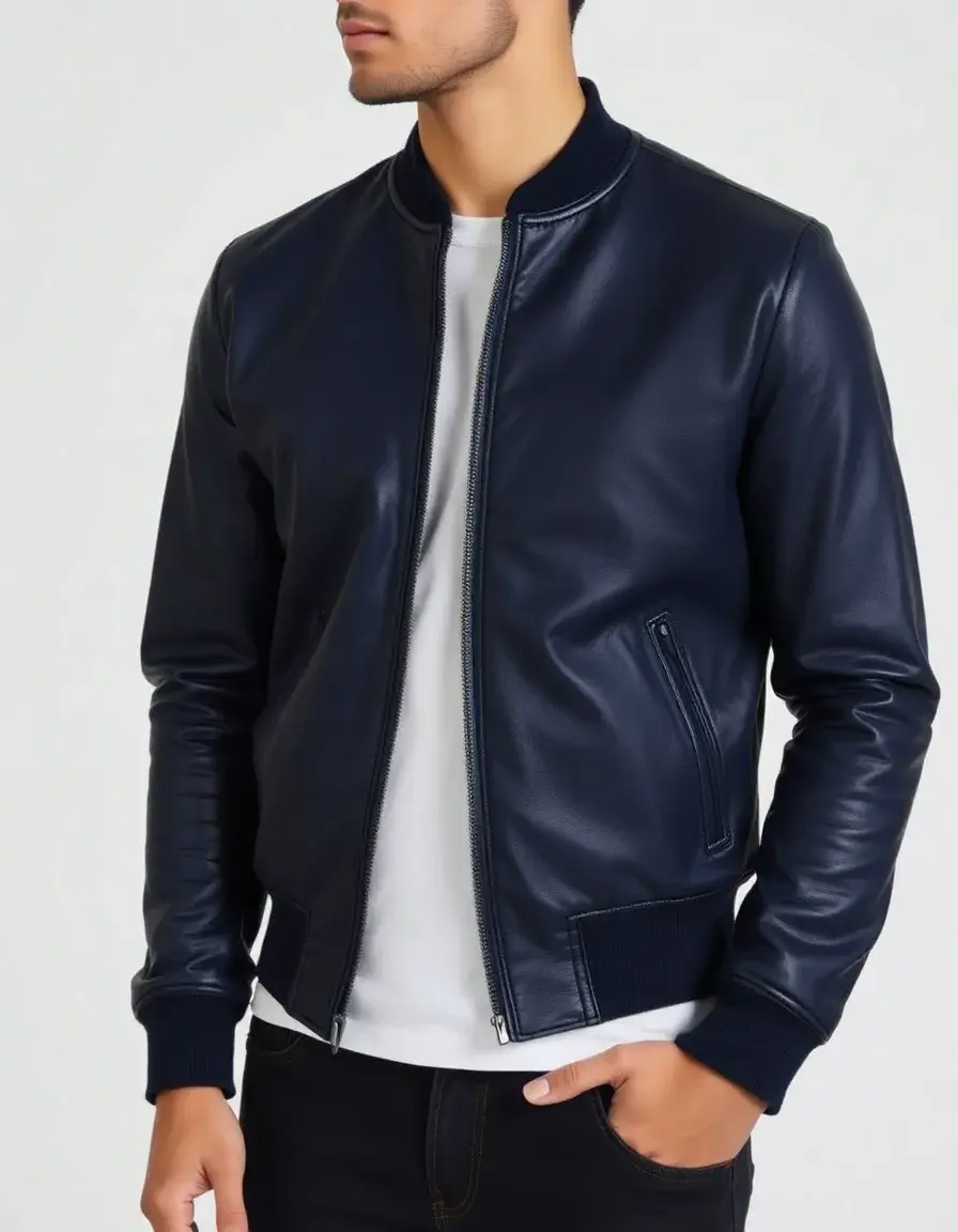 Blouson cuir bleu marine coupe ajustée