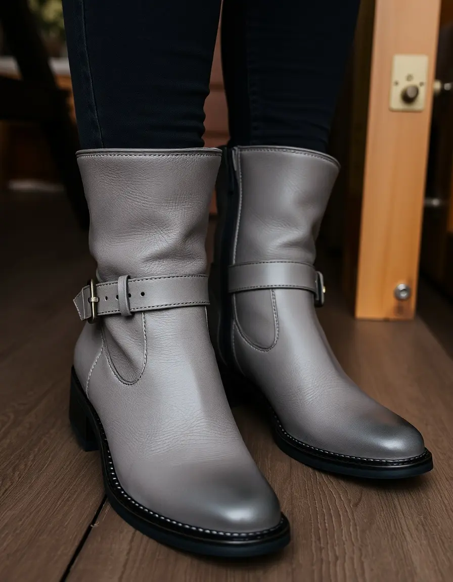Bottes en cuir gris avec boucle métallique