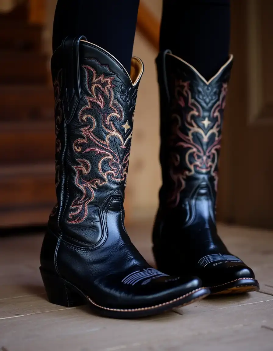 Black cowboy leather boots en cuir de qualité avec broderies traditionnelles