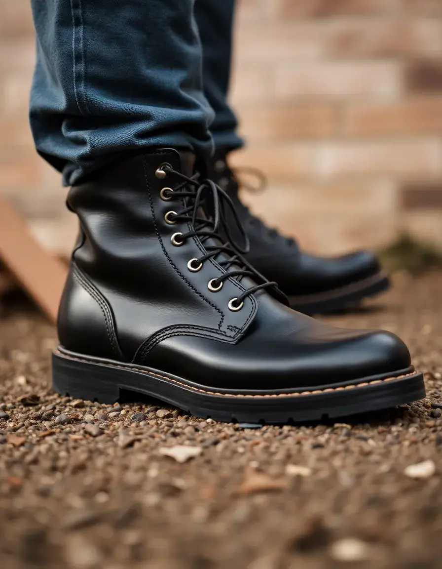 Black engineer leather boots avec boucles métalliques et semelle épaisse