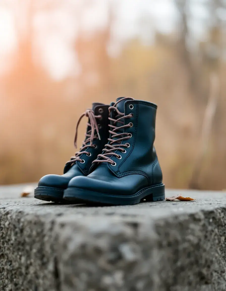 Black military leather boots à lacets avec finitions soignées