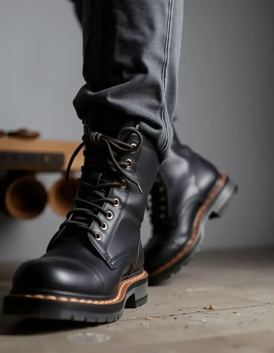 Black work leather boots robustes avec semelle de protection