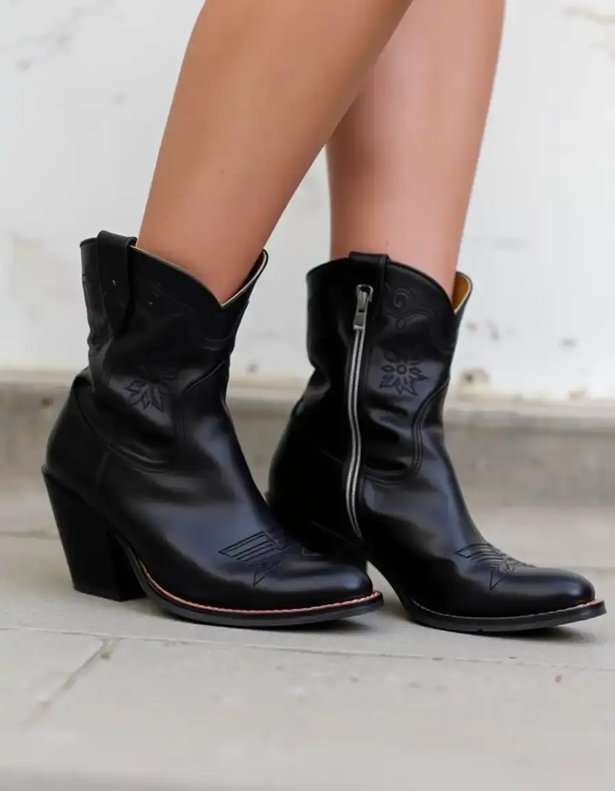 Bottines style western en cuir noir
